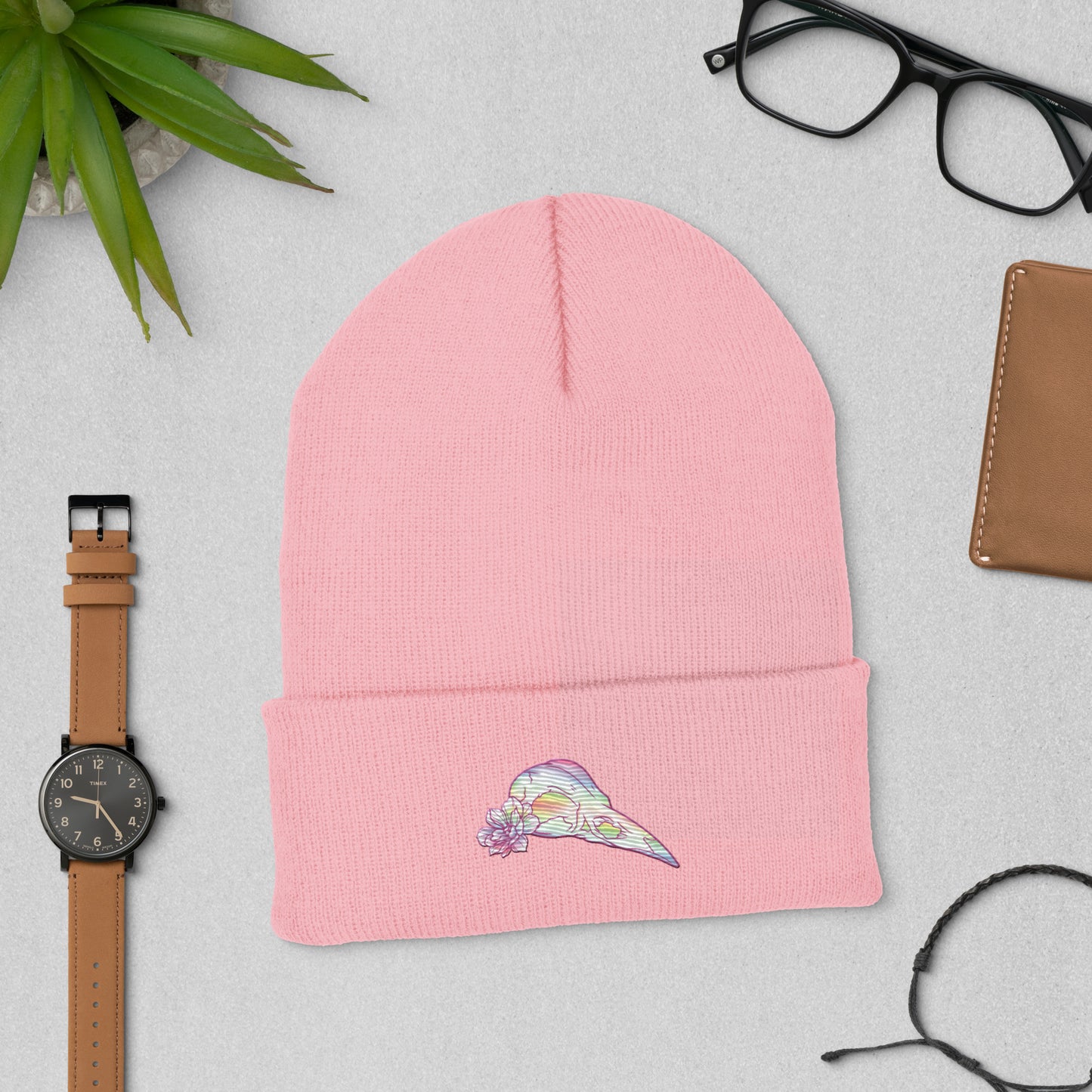 Bird Rainbow Skull Cuffed Beanie