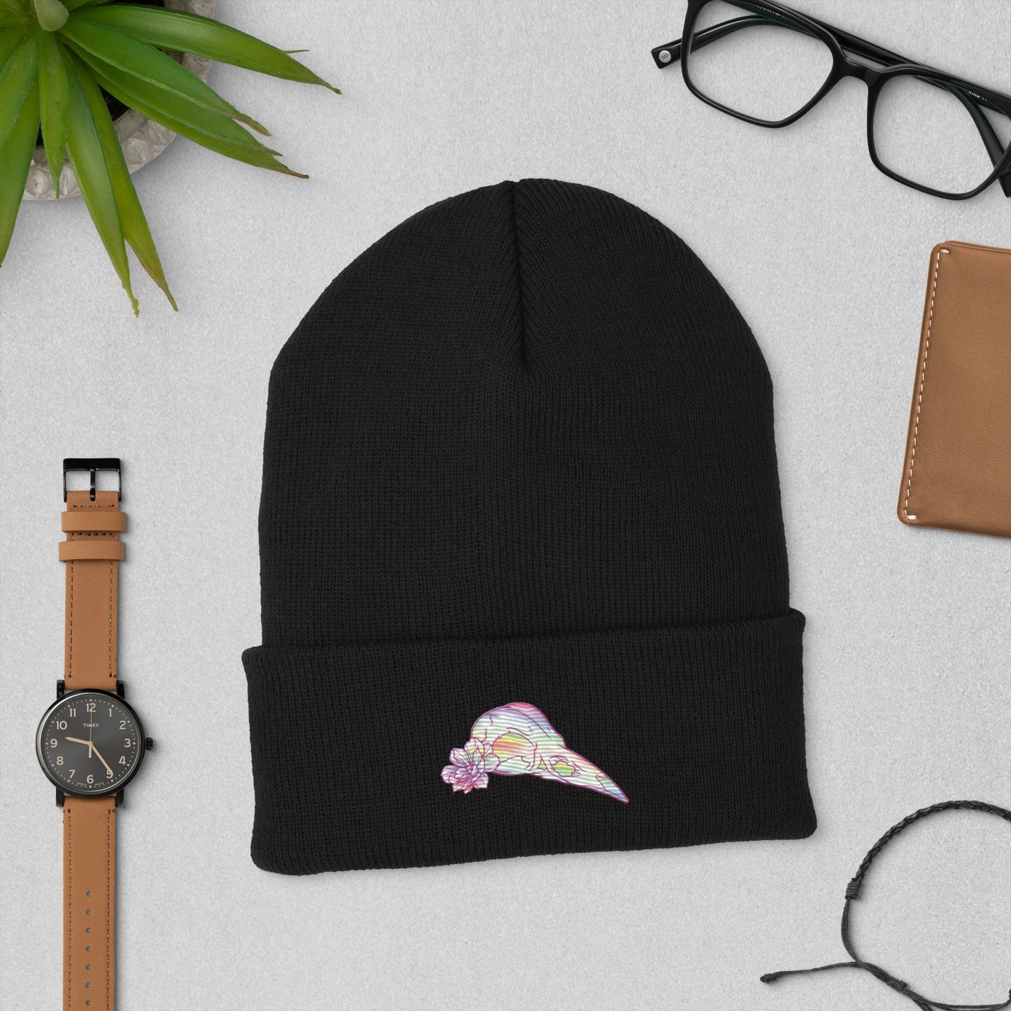 Bird Rainbow Skull Cuffed Beanie