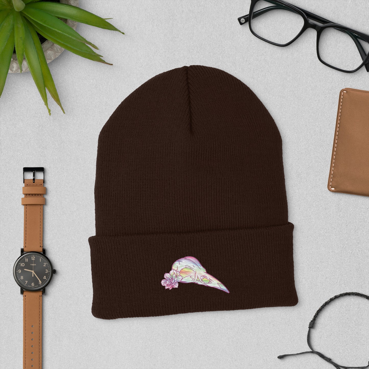 Bird Rainbow Skull Cuffed Beanie
