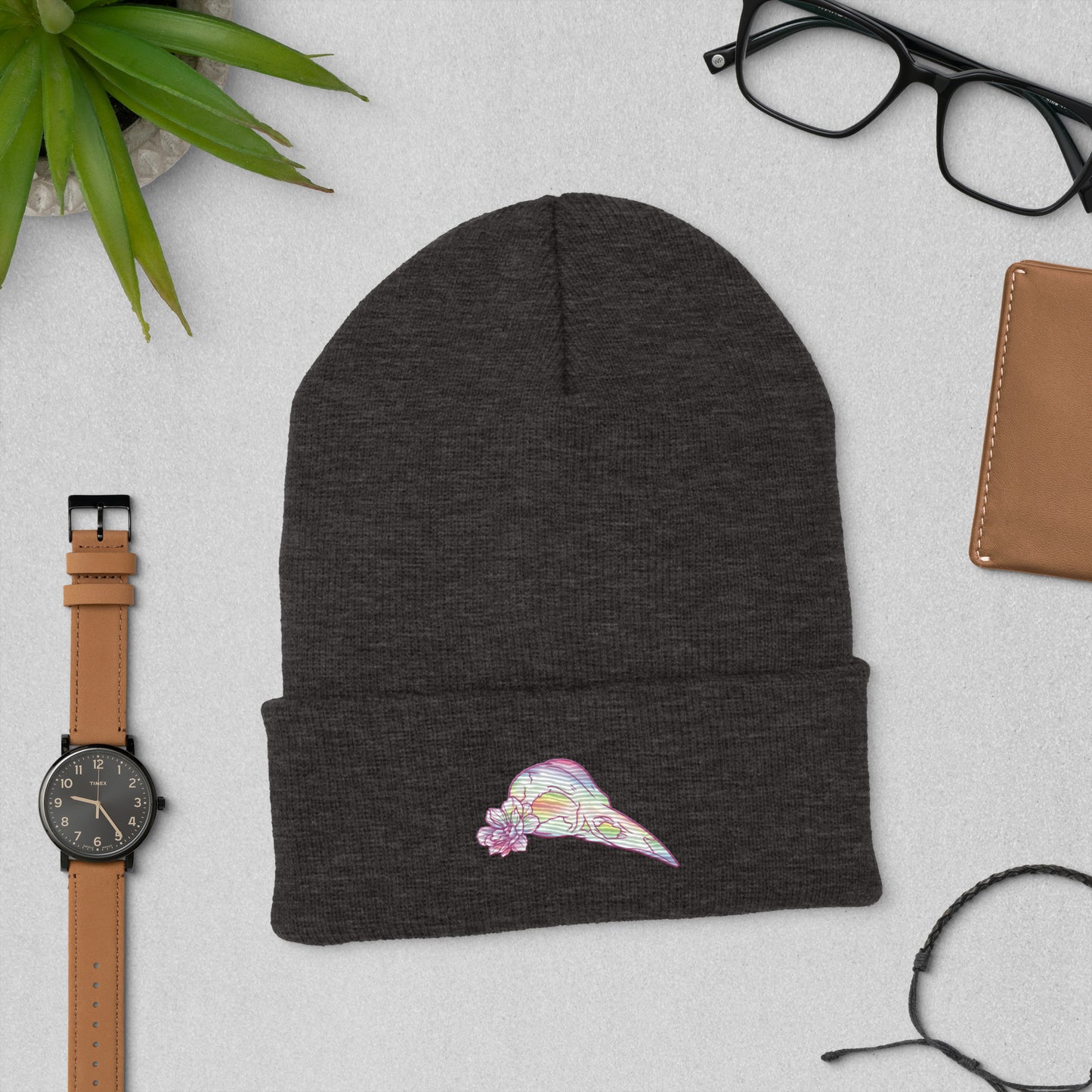 Bird Rainbow Skull Cuffed Beanie