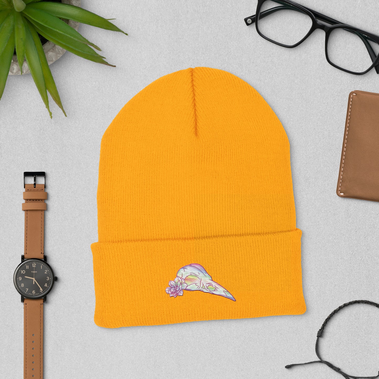 Bird Rainbow Skull Cuffed Beanie