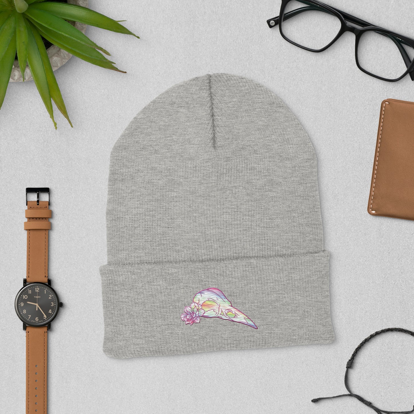 Bird Rainbow Skull Cuffed Beanie