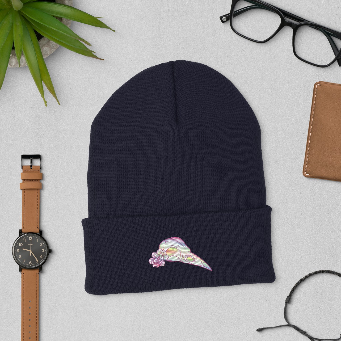 Bird Rainbow Skull Cuffed Beanie