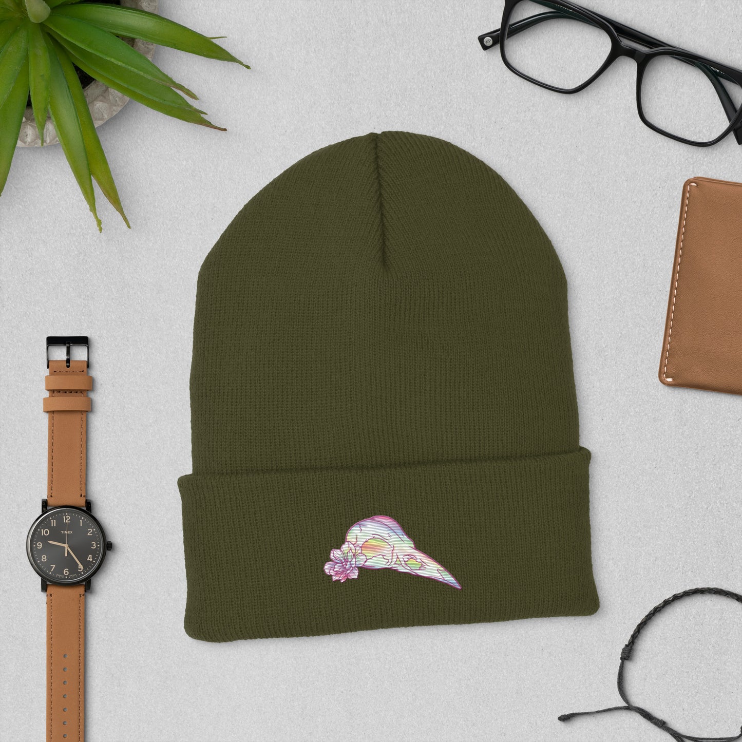 Bird Rainbow Skull Cuffed Beanie