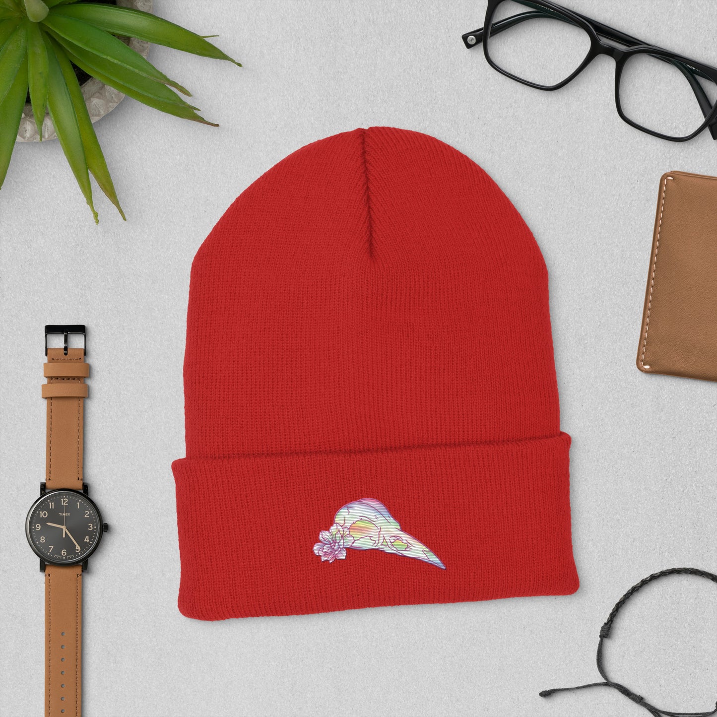 Bird Rainbow Skull Cuffed Beanie