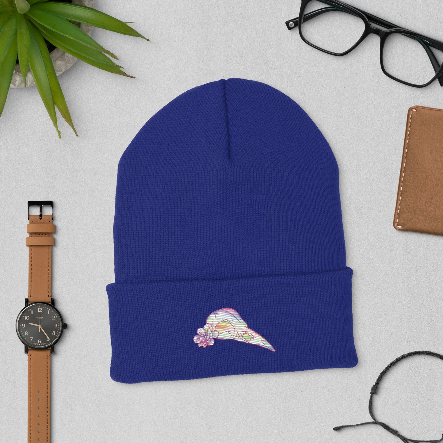 Bird Rainbow Skull Cuffed Beanie