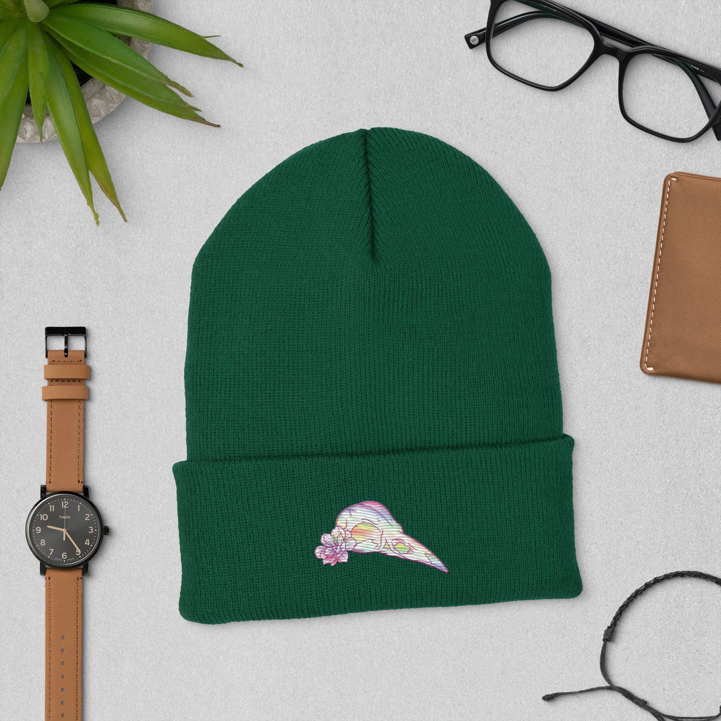 Bird Rainbow Skull Cuffed Beanie