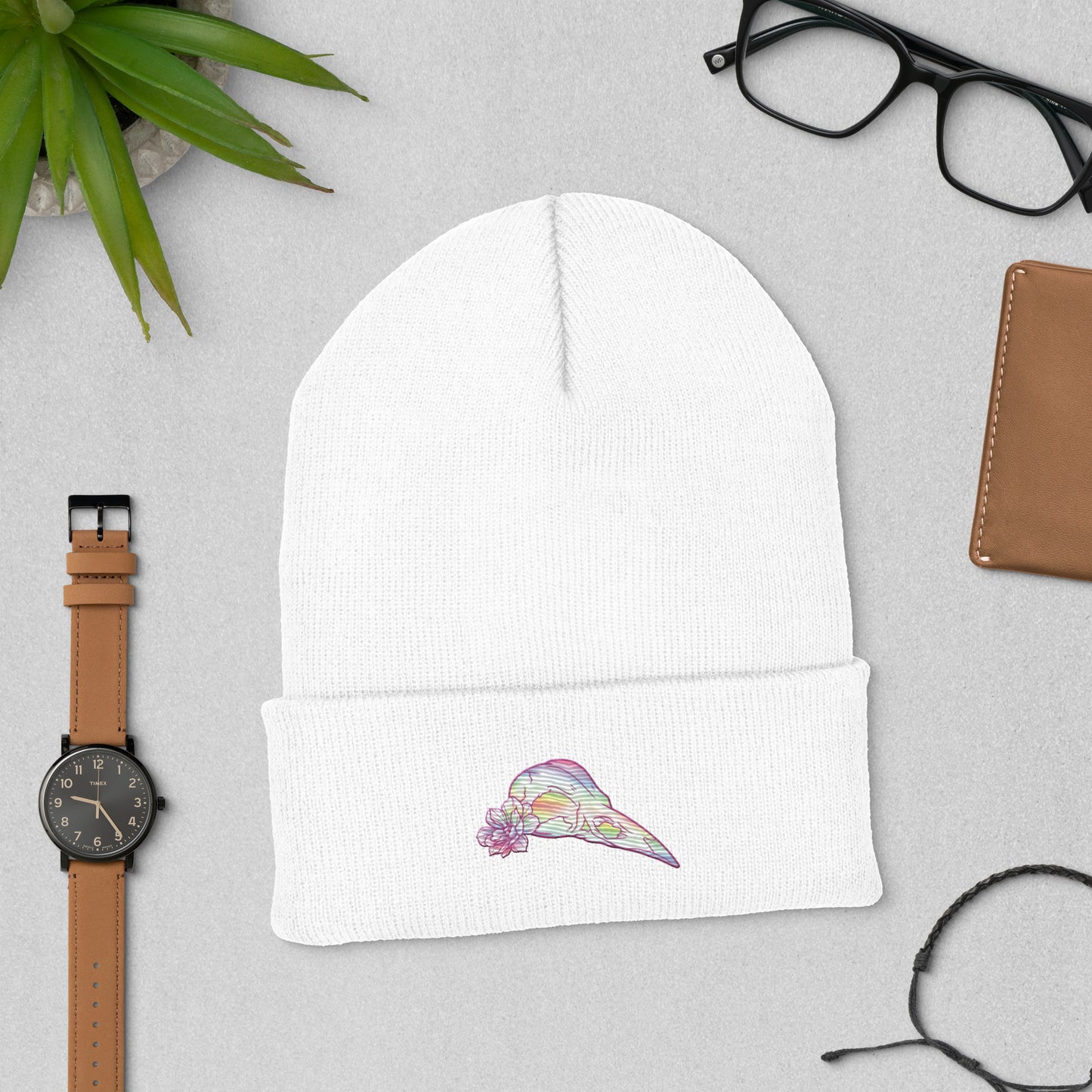 Bird Rainbow Skull Cuffed Beanie