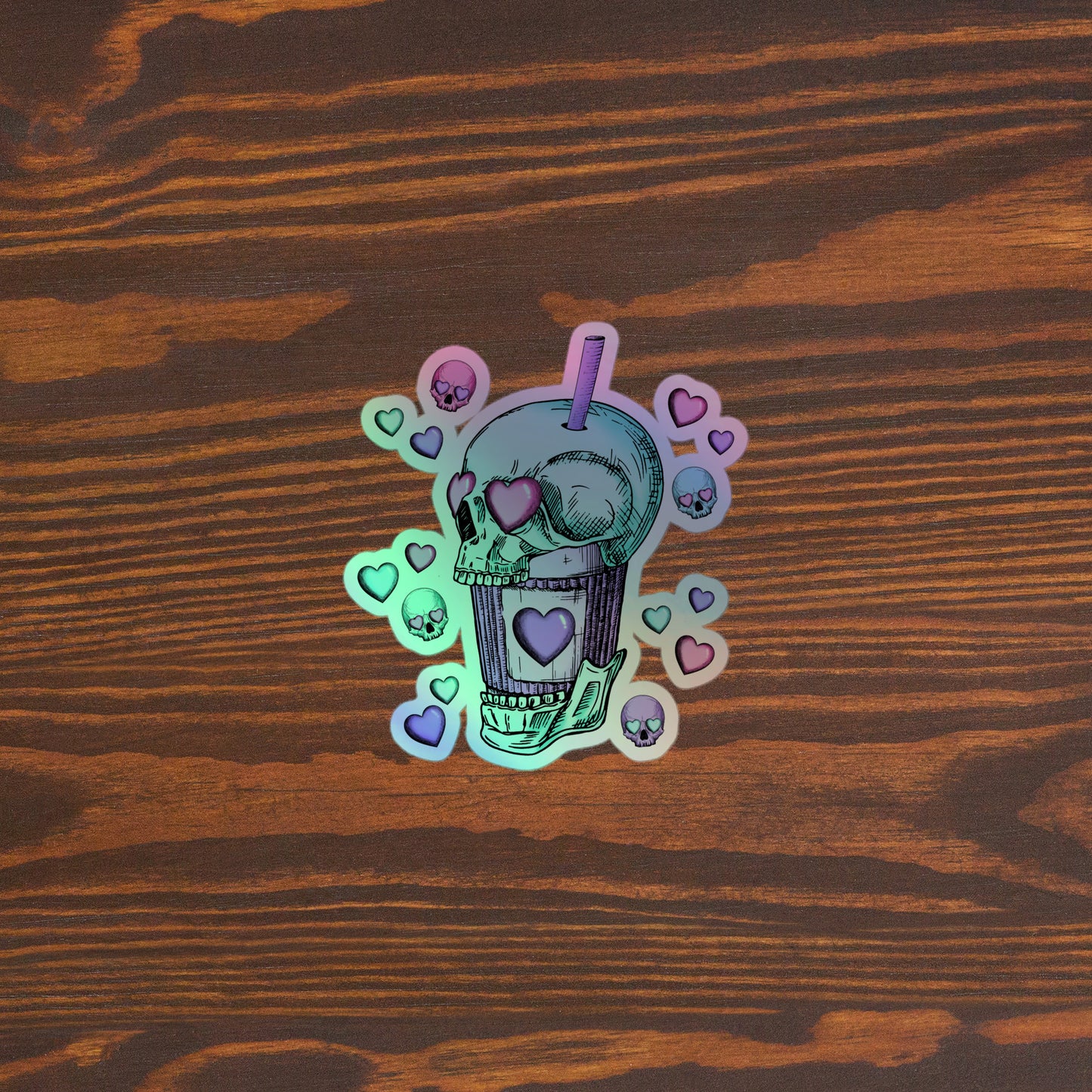 Creepy Skull Boba Bubble Tea Holographic Sticker