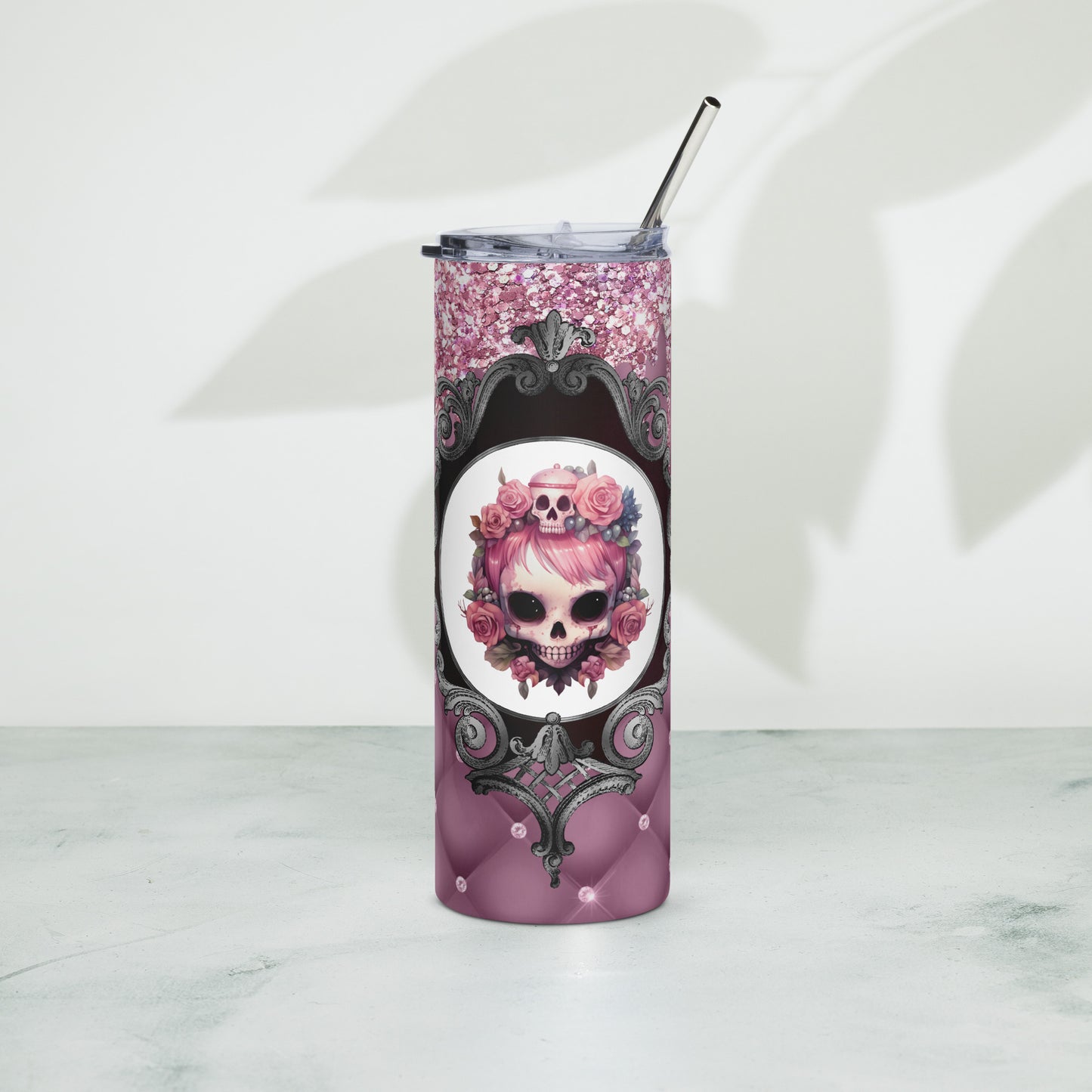 Pink Gothic with Vintage Pink Gothic Floral Skull Photo Frame Tumbler