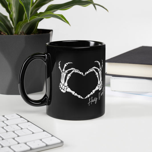 Hey Death Skeleton Heart Hands Black Glossy Mug
